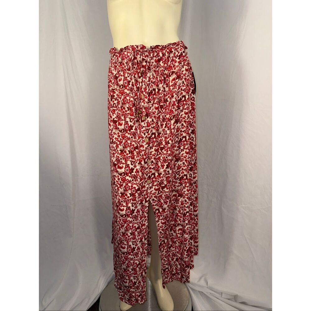 Vintage Inspired I.N. Studio Red Floral Maxi Skirt Rayon Button Front Boho Cotta